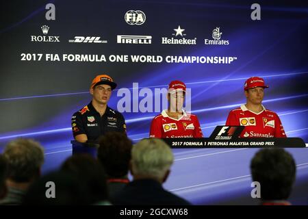 The FIA Press Conference (L to R): Max Verstappen (NLD) Red Bull Racing;  Lewis Hamilton (GBR) Mercedes AMG F1; Charles Leclerc (MON) Sauber F1 Team.  . Formula 1 World Championship, Rd 10,