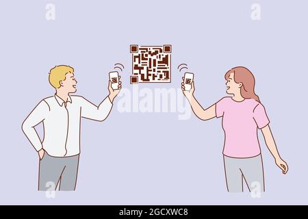 Scanning QR codes with phone concept. Young couple man and woman standing holding smartphones and scanning QR codes on picture together online vector illustration  Stock Vector