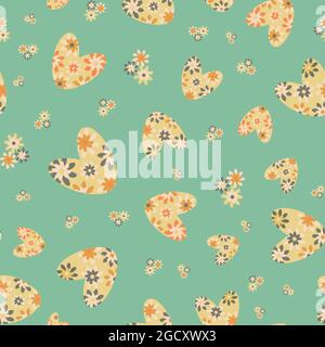 Colorful love heart vector seamless pattern in boho style. Pastel green yellow retro floral hearts and flowers backdrop. Scattered folk art bohemian Stock Vector