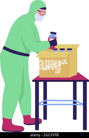 Lab assistant packing up vaccine semi flat color vector character Stock Vector