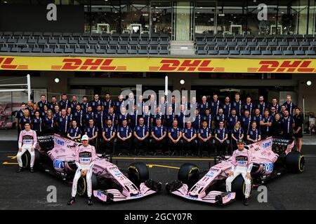 (L to R): Alfonso Celis Jr (MEX) Sahara Force India F1 Development Driver; Esteban Ocon (FRA) Sahara Force India F1 VJM10; and Sergio Perez (MEX) Sahara Force India F1; at a team photograph. Mexican Grand Prix, Saturday 28th October 2017. Mexico City, Mexico. Stock Photo