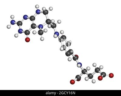 Levomefolic acid or 5-methyltetrahydrofolate molecule. 3D rendering. Stock Photo