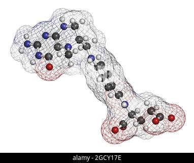 Levomefolic acid or 5-methyltetrahydrofolate molecule. 3D rendering. Stock Photo