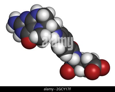 Levomefolic acid or 5-methyltetrahydrofolate molecule. 3D rendering. Stock Photo