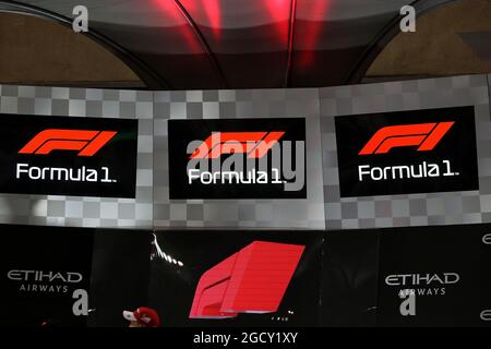 The new F1 logo on the podium. Abu Dhabi Grand Prix, Sunday 26th November 2017. Yas Marina Circuit, Abu Dhabi, UAE. Stock Photo