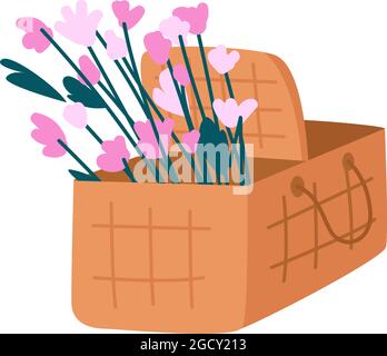 Picnic basket with flowers semi flat color vector object Stock Vector