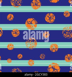 Marble effect circles vector striped seamless pattern background. Backdrop with orange marbling stencil style circle round shapes on indigo blue Stock Vector