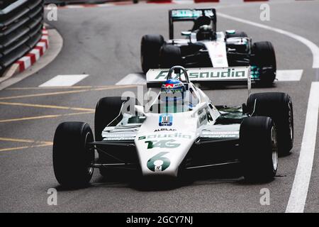 Keke Rosberg (FIN) Williams FW08 leads his son Nico Rosberg (GER) Mercedes AMG F1 W07. Monaco Grand Prix, Thursday 24th May 2018. Monte Carlo, Monaco. Stock Photo