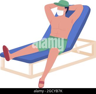 Guy with face mask lying on lounger semi flat color vector character Stock Vector