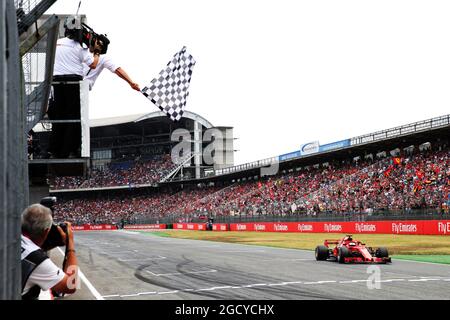 Sebastian Vettel (GER) Ferrari SF71H takes the chequered flag at the end of qualifying. German Grand Prix, Saturday 21st July 2018. Hockenheim, Germany. Stock Photo