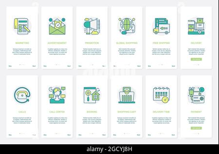 Online shopping global technology vector illustration. UX, UI onboarding mobile app page screen set with line payment, free shipping, fast delivery, call service support, social marketing advertising Stock Vector