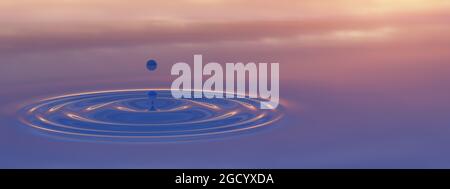 Concept conceptual blue liquid drop falling in water on banner background with ripples and waves. 3d illustration metaphor for nature, natural, summer Stock Photo