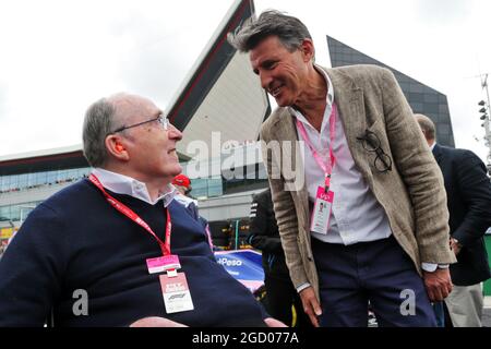 Frank Williams (GBR) Williams Team Owner with Lord Sebastian Coe (GBR) IAAF President on the grid. British Grand Prix, Sunday 14th July 2019. Silverstone, England. Stock Photo