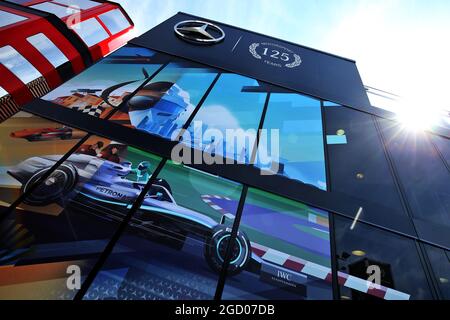 Mercedes AMG F1 motorhome celebrates 125 years of motorsport. German Grand Prix, Thursday 25th July 2019. Hockenheim, Germany. Stock Photo