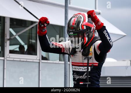 Race winner Arthur Leclerc (MON) Alfa Romeo Junior Team Formula 4 Driver, celebrates in parc ferme. German Grand Prix, Sunday 28th July 2019. Hockenheim, Germany. Stock Photo