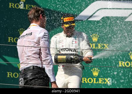 Race winner Lewis Hamilton (GBR) Mercedes AMG F1 celebrates with James Vowles (GBR) Mercedes AMG F1 Chief Strategist. Hungarian Grand Prix, Sunday 4th August 2019. Budapest, Hungary. Stock Photo