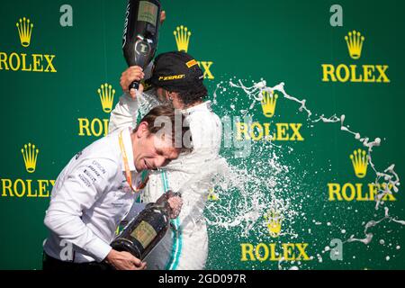 Race winner Lewis Hamilton (GBR) Mercedes AMG F1 celebrates on the podium with James Vowles (GBR) Mercedes AMG F1 Chief Strategist. Hungarian Grand Prix, Sunday 4th August 2019. Budapest, Hungary. Stock Photo