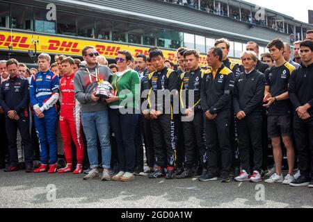 F1, F2, and F3 pay their respects to Anthoine Hubert with his family. Belgian Grand Prix, Sunday 1st September 2019. Spa-Francorchamps, Belgium. Stock Photo