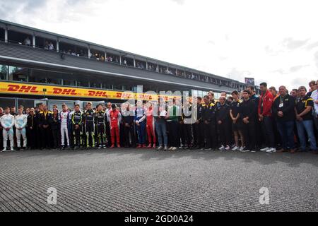 F1, F2, and F3 pay their respects to Anthoine Hubert. Belgian Grand Prix, Sunday 1st September 2019. Spa-Francorchamps, Belgium. Stock Photo