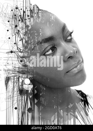 Creative portrait of young woman combined with digital graphics Stock Photo