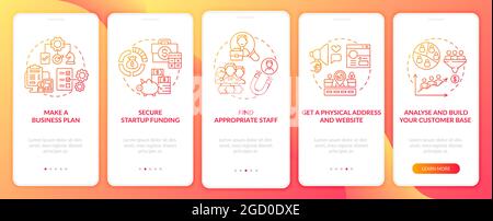 Startup launch steps red onboarding mobile app page screen Stock Vector