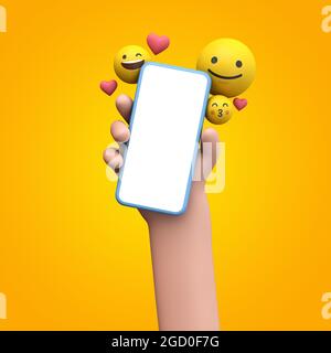 Person holding a smartphone with emoji online social media icons. 3D Rendering Stock Photo