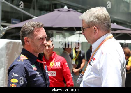 (L to R): Christian Horner (GBR) Red Bull Racing Team Principal with Ross Brawn (GBR) Managing Director, Motor Sports. Brazilian Grand Prix, Sunday 17th November 2019. Sao Paulo, Brazil. Stock Photo