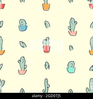 Seamless pattern with simple mono line cacti in multi-colored pots Stock Vector