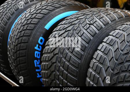 Pirelli wet tyres. Hungarian Grand Prix, Thursday 16th July 2020. Budapest, Hungary. Stock Photo