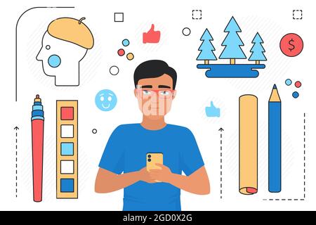 People with mobile phone, art tools objects, line app technology vector illustration. Cartoon man artist user character using smartphone application with artwork, social media icons isolated on white Stock Vector