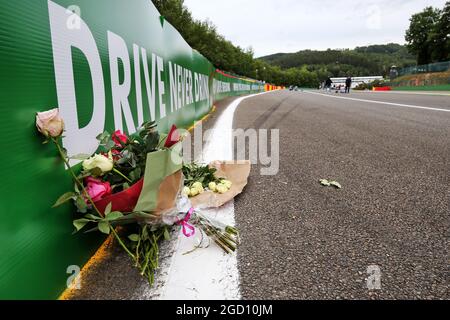 Circuit atmosphere - floral tributes to Anthoine Hubert. Belgian Grand Prix, Thursday 27th August 2020. Spa-Francorchamps, Belgium. Stock Photo