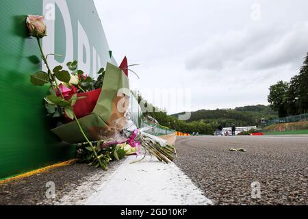 Circuit atmosphere - floral tributes to Anthoine Hubert. Belgian Grand Prix, Thursday 27th August 2020. Spa-Francorchamps, Belgium. Stock Photo