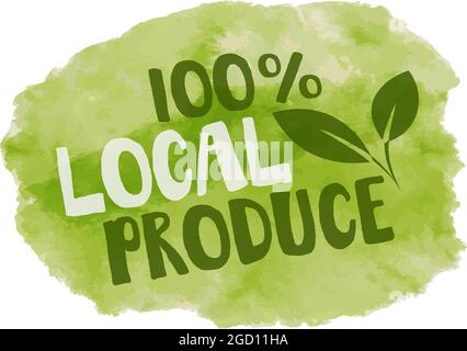 100 percent local produce label, green watercolor vector illustration Stock Vector