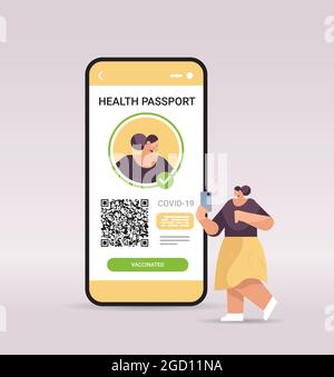 woman traveler using digital immunity passport with qr code on smartphone screen risk free covid-19 pandemic Stock Vector