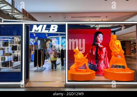 SHANGHAI, CHINA - AUGUST 10, 2021 - The flagship store of South Korean  street lifestyle and sports brand MLB is seen inside Xintiandi Fashion on  August 10, 2021 in Shanghai, China. (Photo