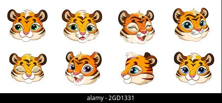 Set of cute cartoon tiger cubs heads. Vector isolated illustration. For postcard, posters, nursery design, greeting card, stickers, room decor, party, Stock Vector