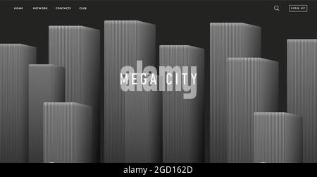 website landing page banner with city Landscape at Night, abstract silhouette composition in black and white Stock Vector
