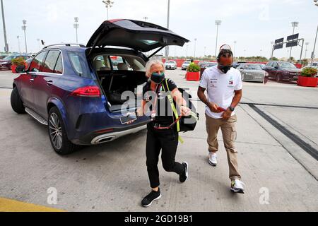 Lewis Hamilton (GBR) Mercedes AMG F1 with Angela Cullen (NZL) Mercedes AMG F1 Physiotherapist. Bahrain Grand Prix, Saturday 28th November 2020. Sakhir, Bahrain. Stock Photo