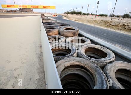 The armco barrier between turns 4 and 5 has two layers of tyres with a conveyor-belt binding installed after the crash of Romain Grosjean (FRA) Haas F1 Team in the Bahrain Grand Prix. Sakhir Grand Prix, Thursday 3rd December 2020. Sakhir, Bahrain. Stock Photo