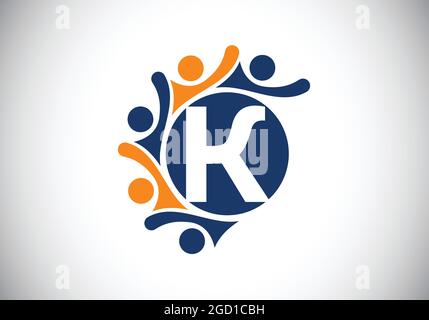 Initial K monogram alphabet with connecting people. Team, cooperation logo sign symbol. Font emblem. Logo for corporate business collaboration Stock Vector