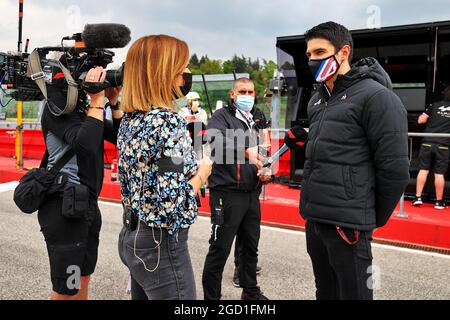 Esteban Ocon (FRA) Alpine F1 Team with Natalie Pinkham (GBR) Sky Sports Presenter. Emilia Romagna Grand Prix, Sunday 18th April 2021. Imola, Italy. Stock Photo