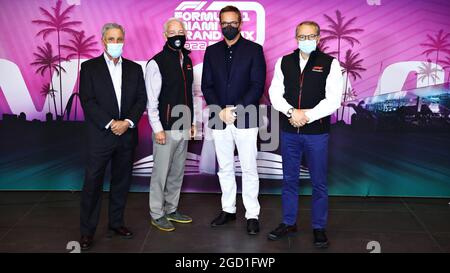 (L to R): Chase Carey (USA); Greg Maffei (USA) Liberty Media Corporation President and Chief Executive Officer; Tom Garfinkel (USA) Vice Chairman, President and Chief Executive Officer of the Miami Dolphins and Hard Rock Stadium; and Stefano Domenicali (ITA) Formula One President and CEO - Miami Grand Prix annoncement. Emilia Romagna Grand Prix, Sunday 18th April 2021. Imola, Italy. FIA Pool Image for Editorial Use Only Stock Photo