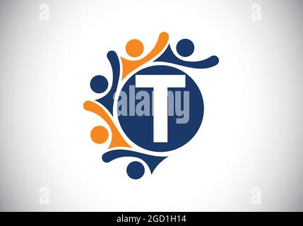 Initial T monogram alphabet with connecting people. Team, cooperation logo sign symbol. Font emblem. Logo for corporate business collaboration Stock Vector
