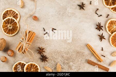 Autumn background with spicy spices. The concept of baking with apples, autumn drinks. Copy space. Stock Photo