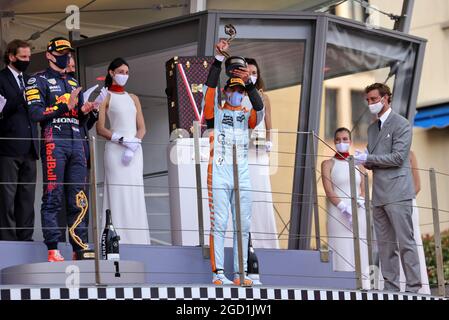 Lando Norris (GBR) McLaren celebrates his second position on the podium ...