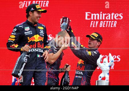 Race winner Max Verstappen (NLD) Red Bull Racing celebrates on the podium with Gianpiero Lambiase (ITA) Red Bull Racing Engineer and team mate Sergio Perez (MEX) Red Bull Racing. French Grand Prix, Sunday 20th June 2021. Paul Ricard, France. Stock Photo