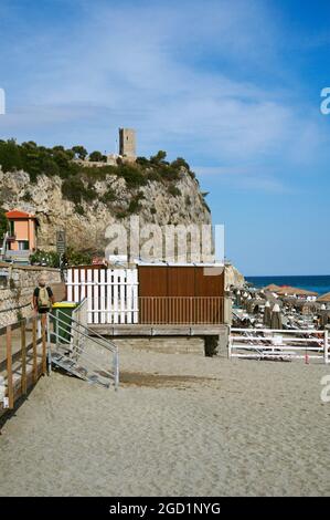 beach and torre Capo san Donato, Finale Ligure, Liguria, Italy Stock Photo