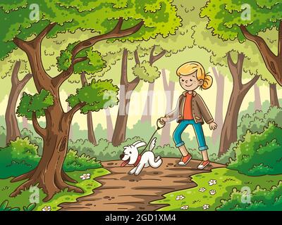 Girl Walking With Dog Stock Vector