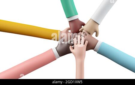 A group of hands come together in a circle. Business teamwork. 3D Rendering Stock Photo