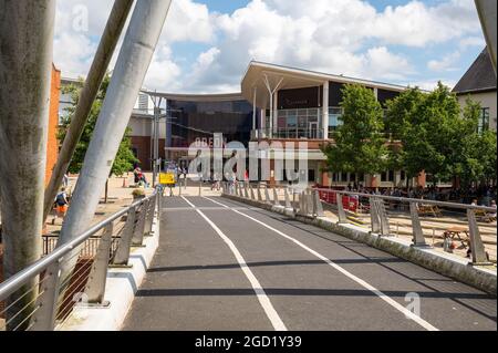 A view from the Novi Sad Friendship bridge over the River Wensum looking towards the riverside leisure complex Stock Photo